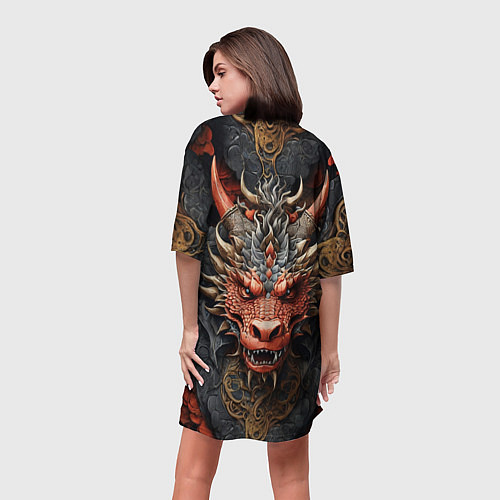 Женская длинная футболка Дракон в стиле ирезуми с узорами / 3D-принт – фото 4