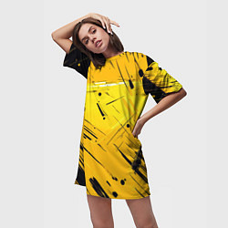 Футболка женская длинная Желтая краска на черном фоне, цвет: 3D-принт — фото 2