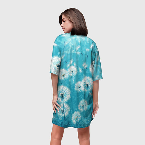 Женская длинная футболка Белые одуванчики на бирюзовом фоне / 3D-принт – фото 4