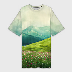 Футболка женская длинная Горы и поле с цветами - зеленый пейзаж, цвет: 3D-принт