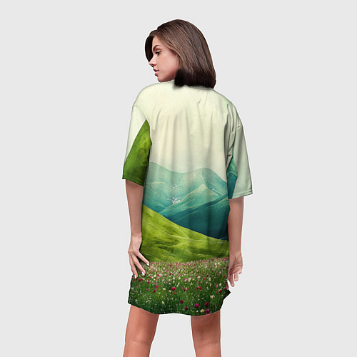 Женская длинная футболка Горы и поле с цветами - зеленый пейзаж / 3D-принт – фото 4