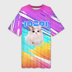 Женская длинная футболка Inzoi кошечка на радужном фоне