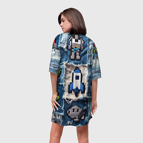 Женская длинная футболка Космический пиксельный корабль / 3D-принт – фото 4