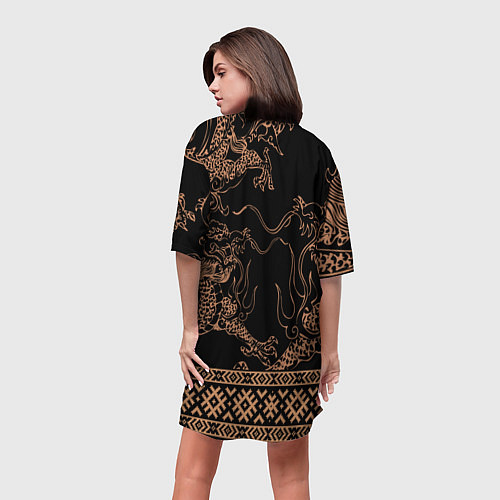 Женская длинная футболка Золотой дракон с узорами славянскими / 3D-принт – фото 4