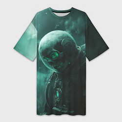 Футболка женская длинная Космонавт скелет с зеленым светом, цвет: 3D-принт