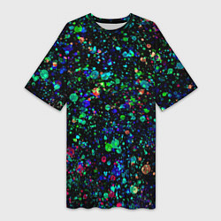 Женская длинная футболка Чёрный с брызгами сине-зелёными абстракция