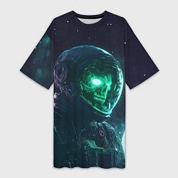Женская длинная футболка Скелет космонавта с неоновыми глазами