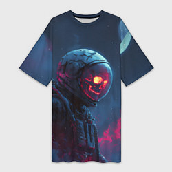Женская длинная футболка Скелет космонавта под луной