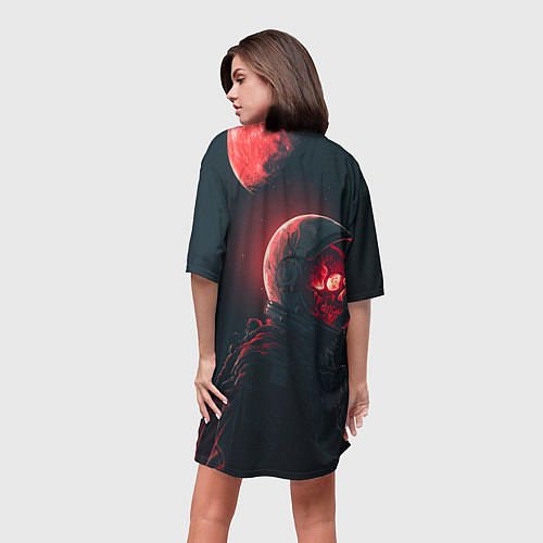 Женская длинная футболка Череп космонавта в красном свете / 3D-принт – фото 4