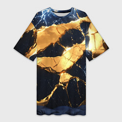 Футболка женская длинная Золотая текстура на синем, цвет: 3D-принт