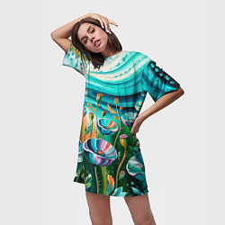 Футболка женская длинная Поле маков- масляная живопись, цвет: 3D-принт — фото 2