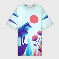 Женская длинная футболка Волк в долине охраняет цветок