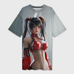 Женская длинная футболка Азиатская девушка в красном латексе