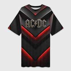Женская длинная футболка ACDC лого из металла на черно-красной текстуре