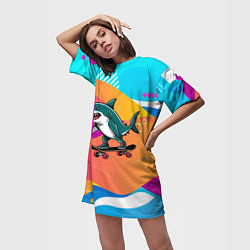Футболка женская длинная Акула на скейте, цвет: 3D-принт — фото 2
