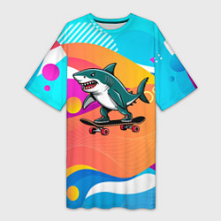 Футболка женская длинная Акула на скейте, цвет: 3D-принт