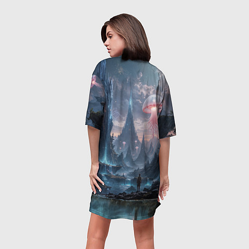 Женская длинная футболка Фантастический мир с медузами и озеро у гор / 3D-принт – фото 4