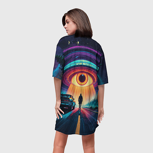 Женская длинная футболка НЛО в форме глаза и человек на дороге / 3D-принт – фото 4