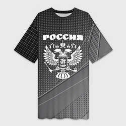 Женская длинная футболка Россия герб тёмно-серый текстурный с полосой