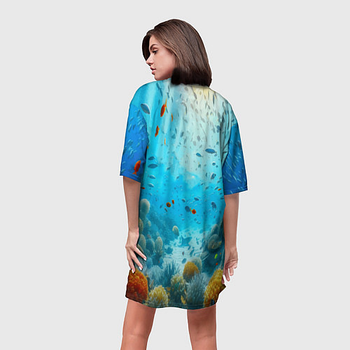 Женская длинная футболка Белая акула в коралловом рифе / 3D-принт – фото 4