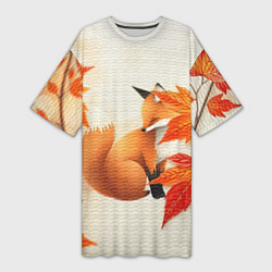Женская длинная футболка Лиса под осенними листьями