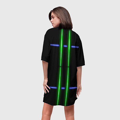 Женская длинная футболка Neon black light blue green line / 3D-принт – фото 4