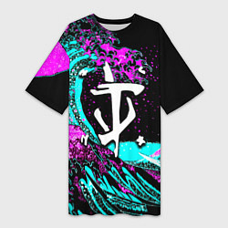 Женская длинная футболка Doom самураи неоновая волна