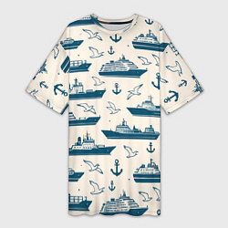 Футболка женская длинная Морской паттерн из чаек, якорей и кораблей, цвет: 3D-принт