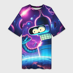 Женская длинная футболка Bender in neon space - cartoon Futurama