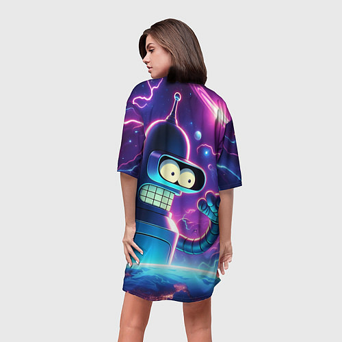 Женская длинная футболка Bender in neon space - cartoon Futurama / 3D-принт – фото 4