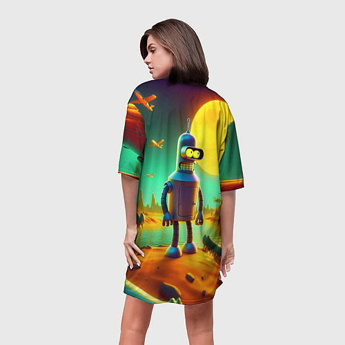 Женская длинная футболка Робот-сгибальщик Бендер на планете крокодилов / 3D-принт – фото 4