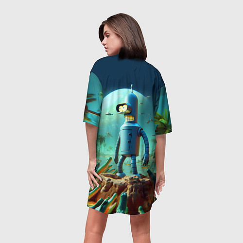 Женская длинная футболка Роботу-сгибальщику Бендеру по-барабану стая крокод / 3D-принт – фото 4
