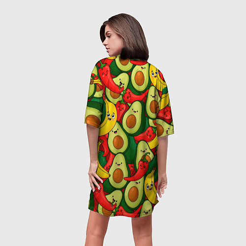 Женская длинная футболка Авокадо, бананы, перцы чили улыбаются - паттерн фр / 3D-принт – фото 4