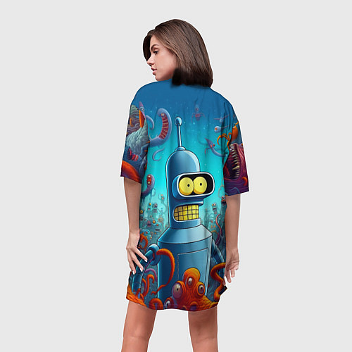 Женская длинная футболка Робот-сгибальщик Бендер среди монстров - нейроарт / 3D-принт – фото 4