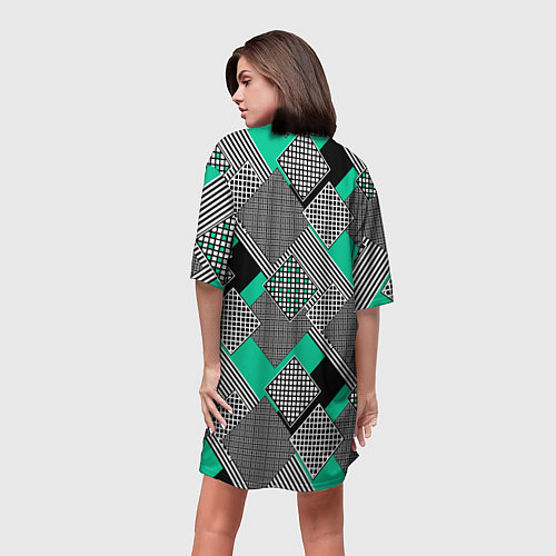 Женская длинная футболка Черно бирюзовая абстрактная геометрия пэчворк / 3D-принт – фото 4