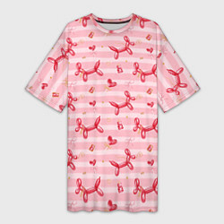 Футболка женская длинная Красные шарики-собачки на розовых полосках, цвет: 3D-принт