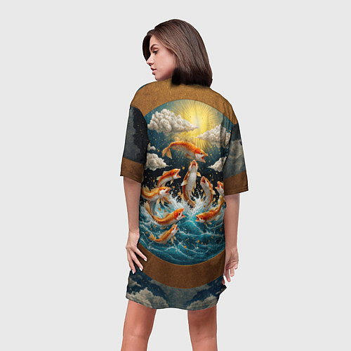 Женская длинная футболка Большие золотистые рыбы выпрыгивают из воды / 3D-принт – фото 4