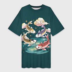 Футболка женская длинная Рыбы в облаках над прудом, цвет: 3D-принт