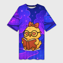 Женская длинная футболка Цыпленок в очках читает книжку