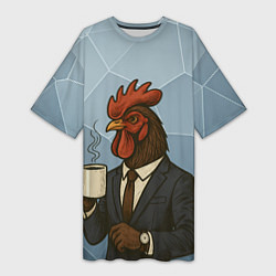 Женская длинная футболка Петух бизнесмен с кофе