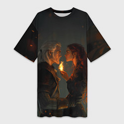 Женская длинная футболка Ведьмак и огненная Трисс