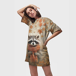 Футболка женская длинная Осенней енот в шарфе, цвет: 3D-принт — фото 2