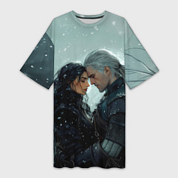 Футболка женская длинная Йеннифэр и Геральт в обнимку, цвет: 3D-принт