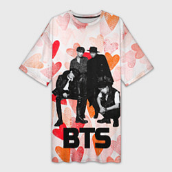 Футболка женская длинная BTS на фоне сердечек, цвет: 3D-принт