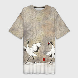 Футболка женская длинная Журавли зимняя акварель, цвет: 3D-принт