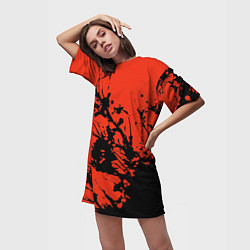 Футболка женская длинная Взрыв чёрной краски на красно-оранжевом, цвет: 3D-принт — фото 2