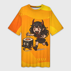 Женская длинная футболка Девочка дьявол бежит за роллом