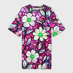 Футболка женская длинная Цветочный розовый витраж, цвет: 3D-принт