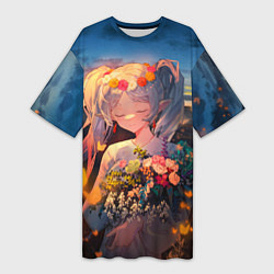 Футболка женская длинная Фрирен с цветами, цвет: 3D-принт