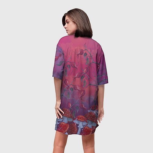 Женская длинная футболка Готический ворон в мухоморах / 3D-принт – фото 4